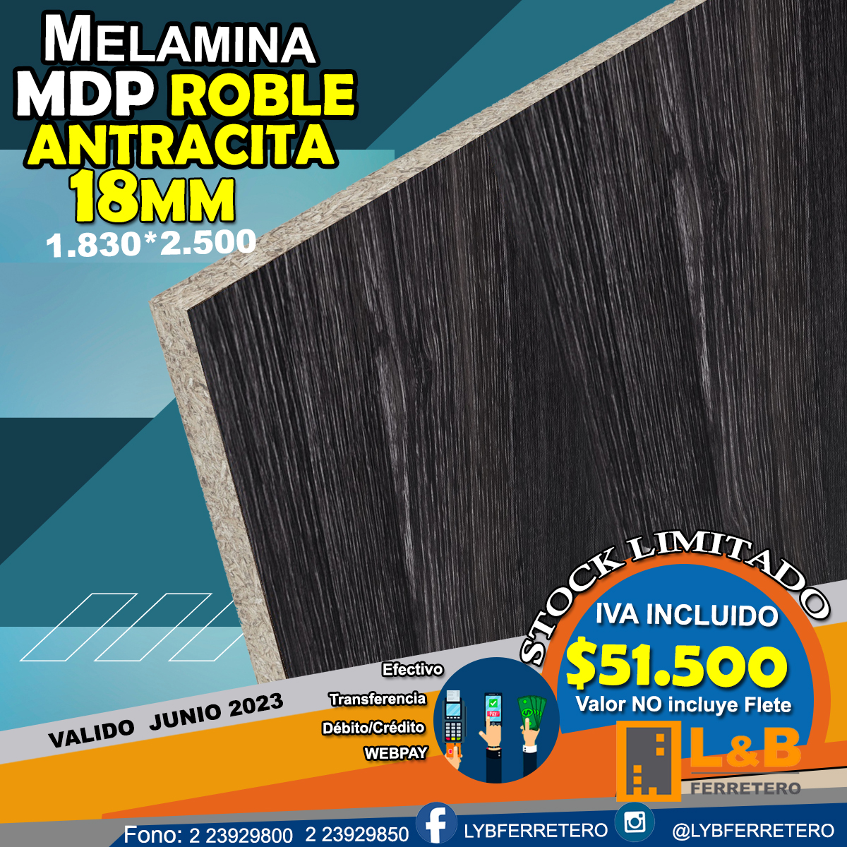 Melamina  MDP Roble Antrancita SW 18MM 1830X2500
