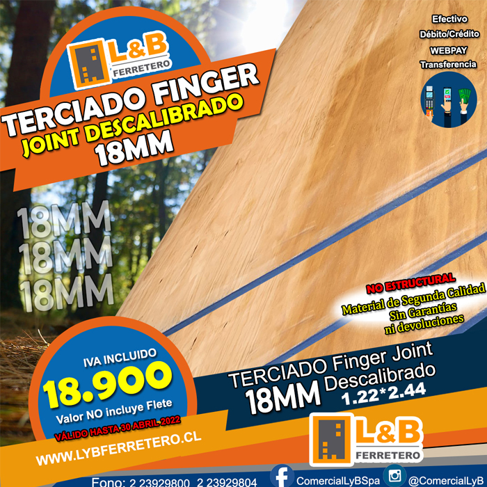 Terciado  Finger Joint 18mm Descalibrado 1.22*2.44