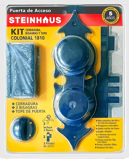 KIT CERRADURA COLONIAL ACCESO 1810 +3 BISAGRAS Y TOPE